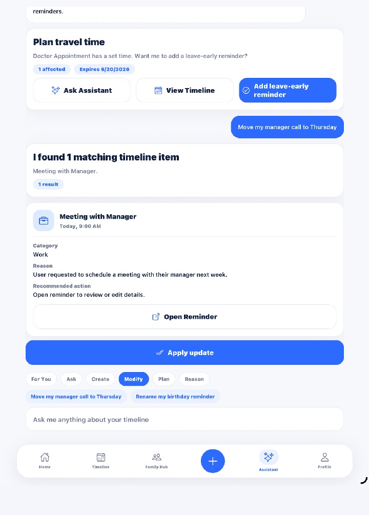Remica AI Assistant screen showing a timeline request, matching reminder, and action confirmation