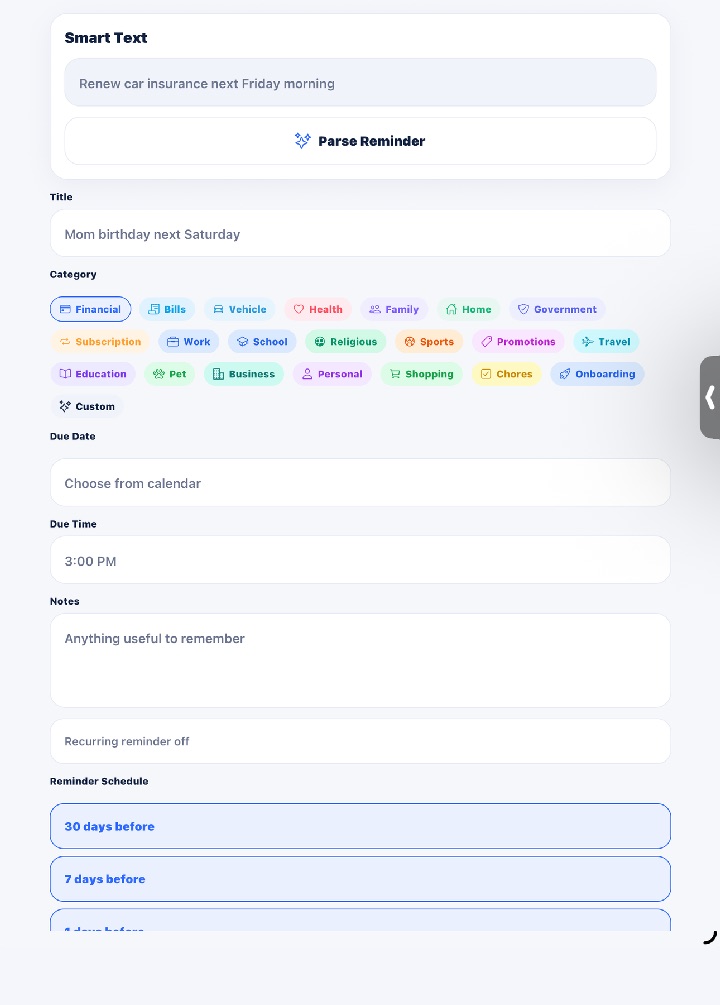 Remica create reminder screen with smart text parsing, categories, due time, and reminder schedule
