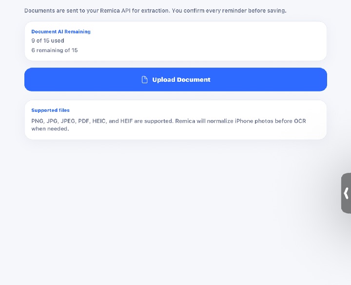 Remica document upload screen showing supported file types and document AI allowance