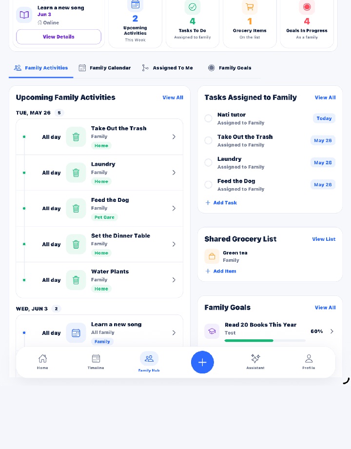 Remica Family Hub showing shared family activities, tasks, shopping list, and goals