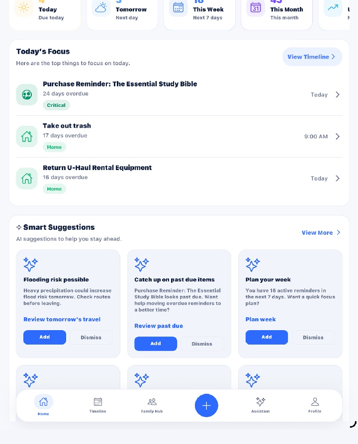 Remica home dashboard showing today's focus and smart suggestions