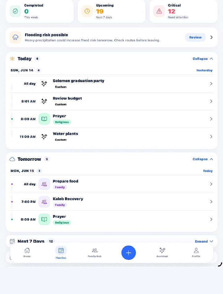Remica timeline showing reminders grouped by day and urgency
